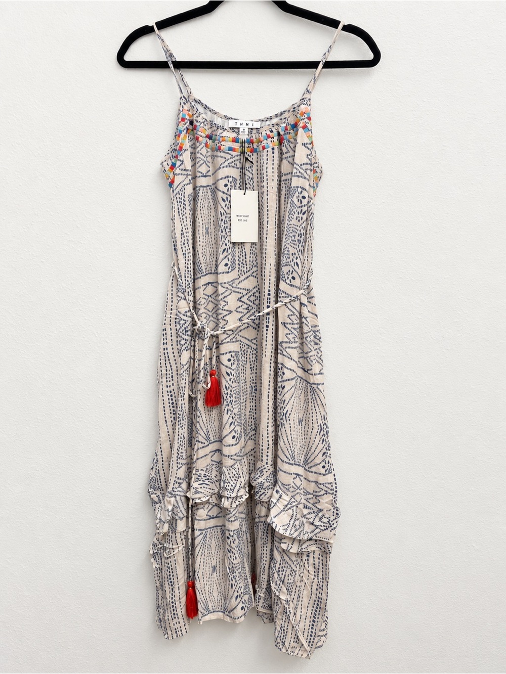 THML Cream Maxi Dress with Navy Geometric Print and Red Tassels